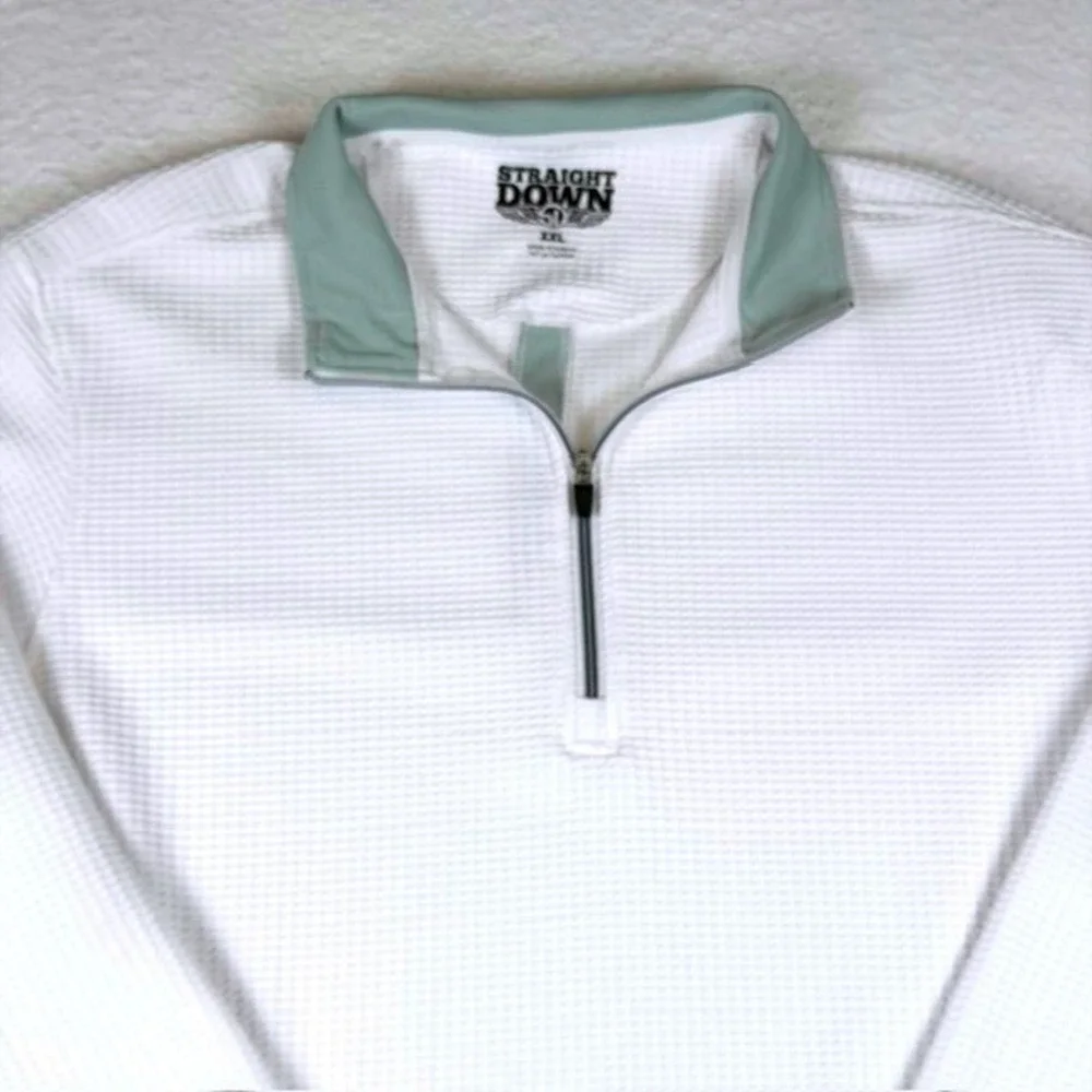 Straight Down Mens XXL White Waffle Knit Quarter Zip Pullover Golf Sweater Logo